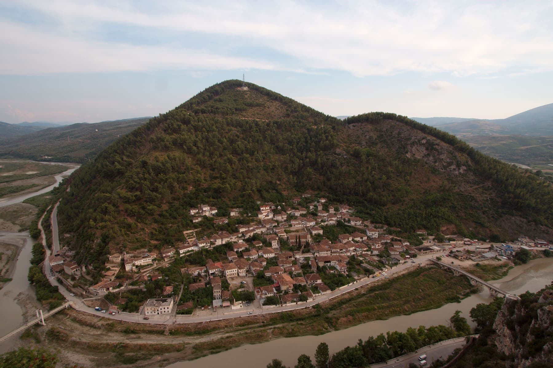 Berat houses stacked above the Osum river