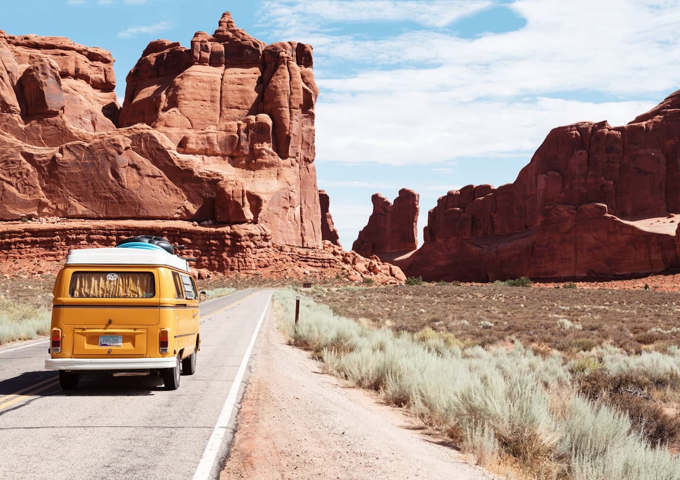 Open road through mountain country