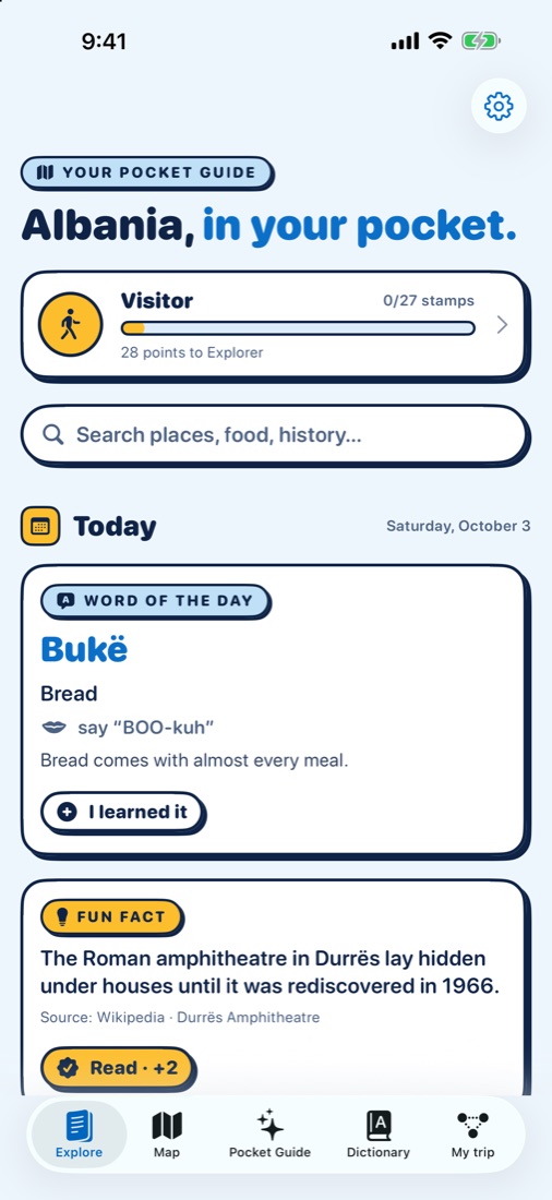 Explore tab: Albania in your pocket, word of the day