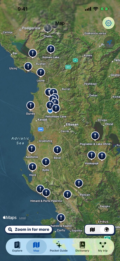 Map tab: every stop pinned across Albania